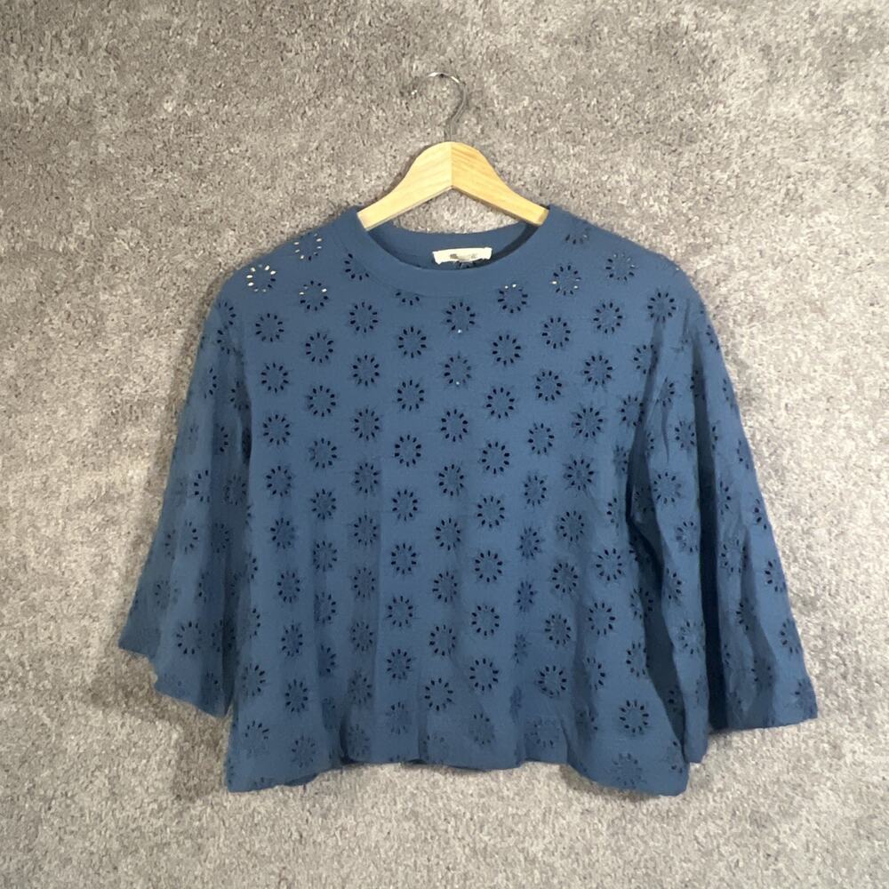 Madewell Women's XS Top Blue Cotton Embroidered Half Sleeve Boxy Blouse Shirt